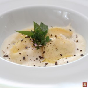 chestnut ravioli with creamy lavender sauce